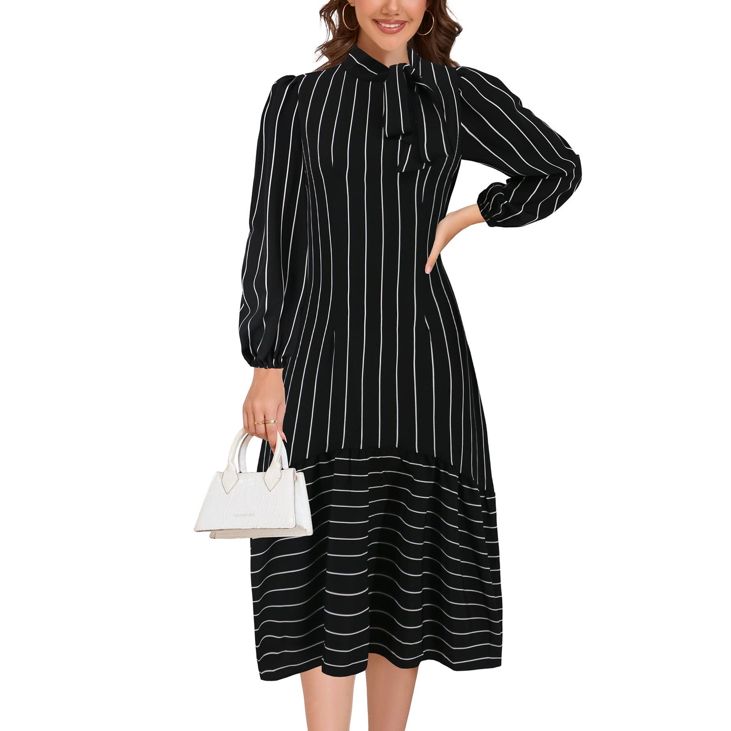 Strikdetail Midi Jurk met Lange Mouwen – Elegante Look voor Elke Gelegenheid