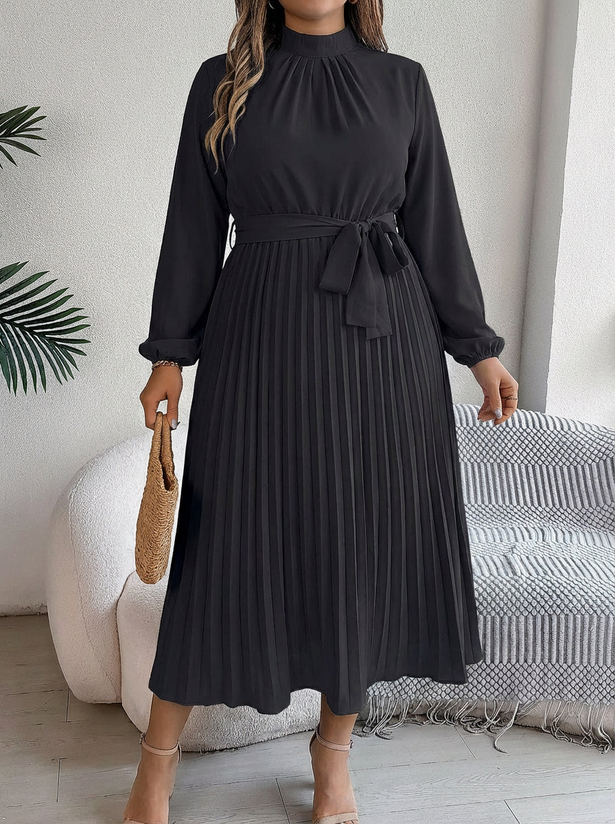 Dames Maxi Jurk Geplisseerd met Ceintuur en Lange Mouwen