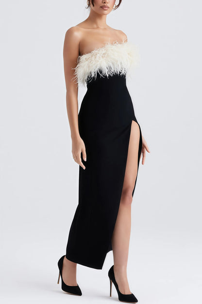 Tess - Duurzame Midi Jurk met Hoge Split en Veren Detailing