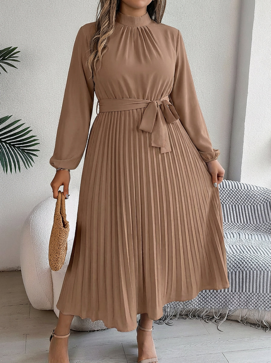 Dames Maxi Jurk Geplisseerd met Ceintuur en Lange Mouwen