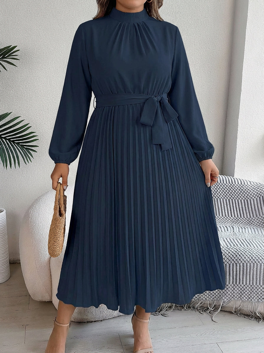 Dames Maxi Jurk Geplisseerd met Ceintuur en Lange Mouwen