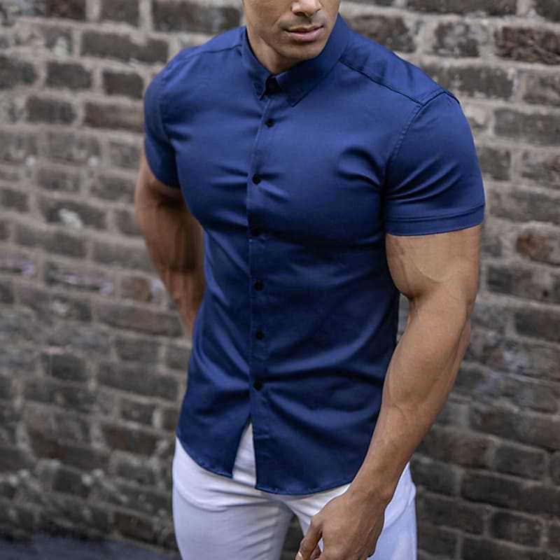 Heren Slim Fit Overhemd – Korte Mouwen, Geschikt voor Casual en Werkgebruik