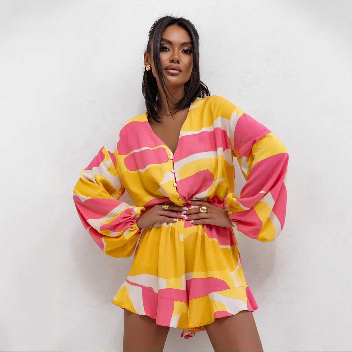 Ballonmouwen Playsuit met Ruches – Speelse Dames Outfit voor Zomerse Uitstraling