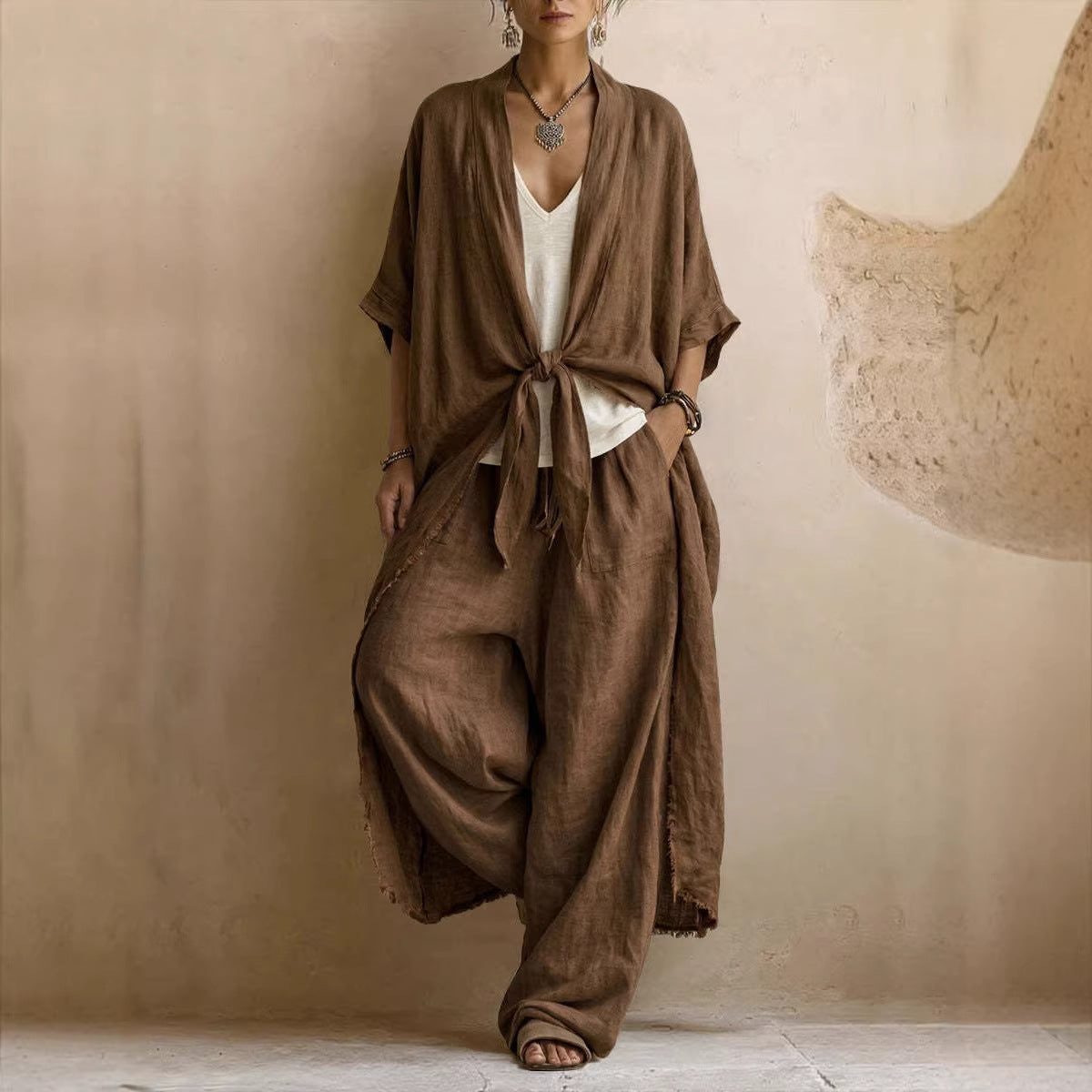 Dames Kimono Broekset Linnen - Oversized Vest met Wide Leg Broek
