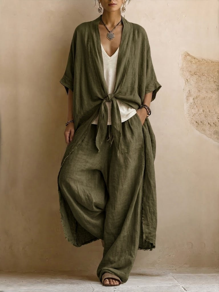 Dames Kimono Broekset Linnen - Oversized Vest met Wide Leg Broek