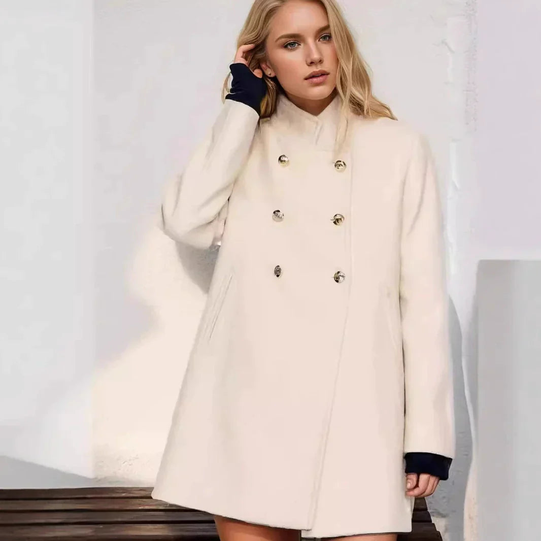 Dames Dubbelgeknoopte Wollen Jas – Hoge Kraag, Warm en Stijlvol voor Herfst en Winter