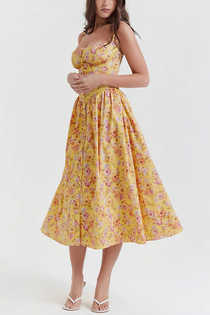 Fenna - Stijlvolle Gele Midi Jurk met Bloemenprint