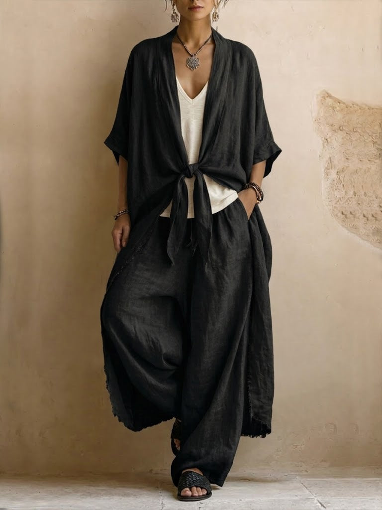 Dames Kimono Broekset Linnen - Oversized Vest met Wide Leg Broek