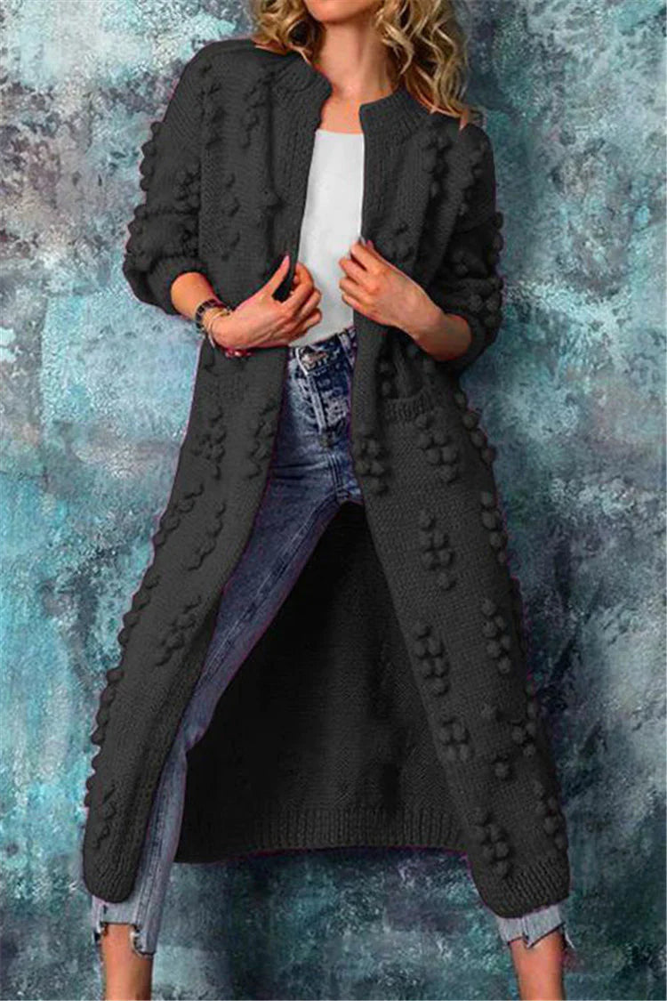 Dames Lange Gebreide Cardigan – Effen, Comfortabel voor Winter, Met Pompons