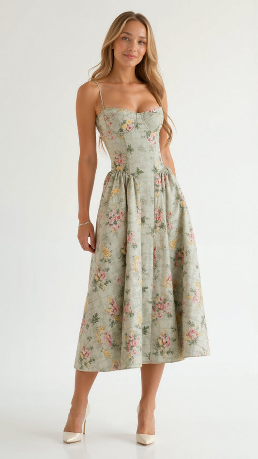 Dames Midi Jurk Bloemenprint met Sweetheart Decolleté