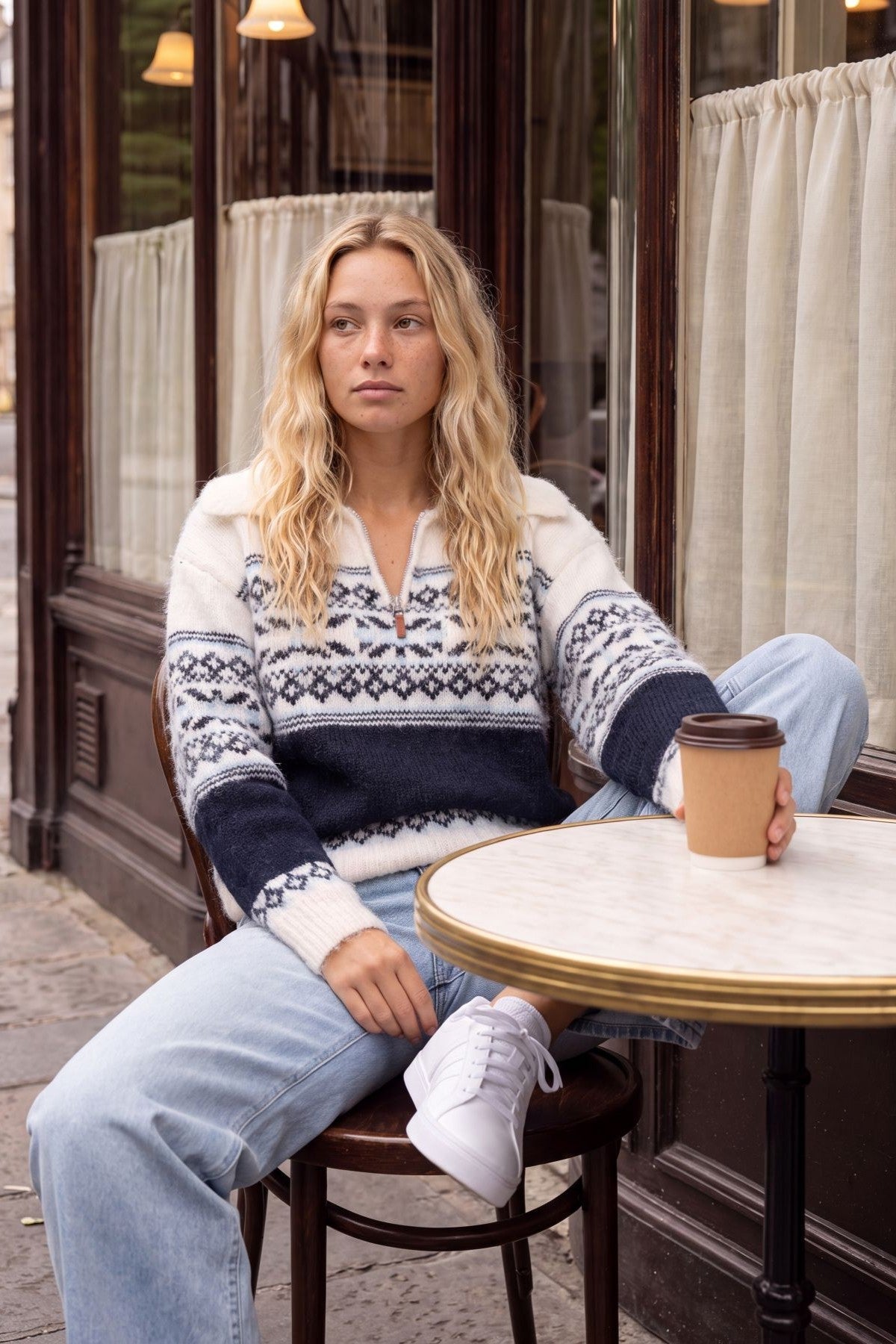 Dames Noorse Trui met Ritskraag - Gebreide Pullover Ivoor/Marineblauw