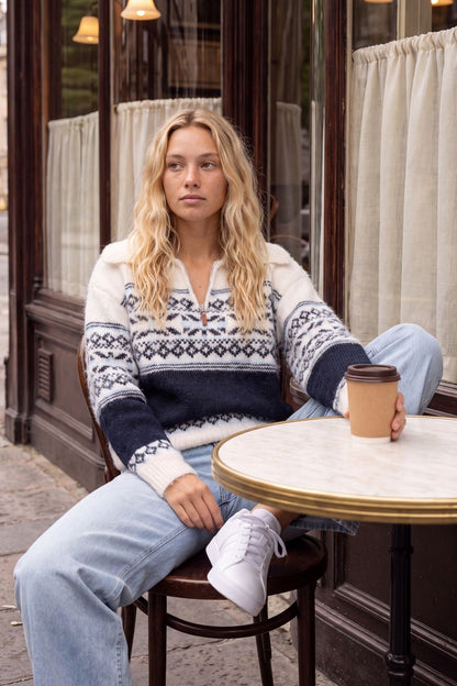 Dames Noorse Trui met Ritskraag - Gebreide Pullover Ivoor/Marineblauw