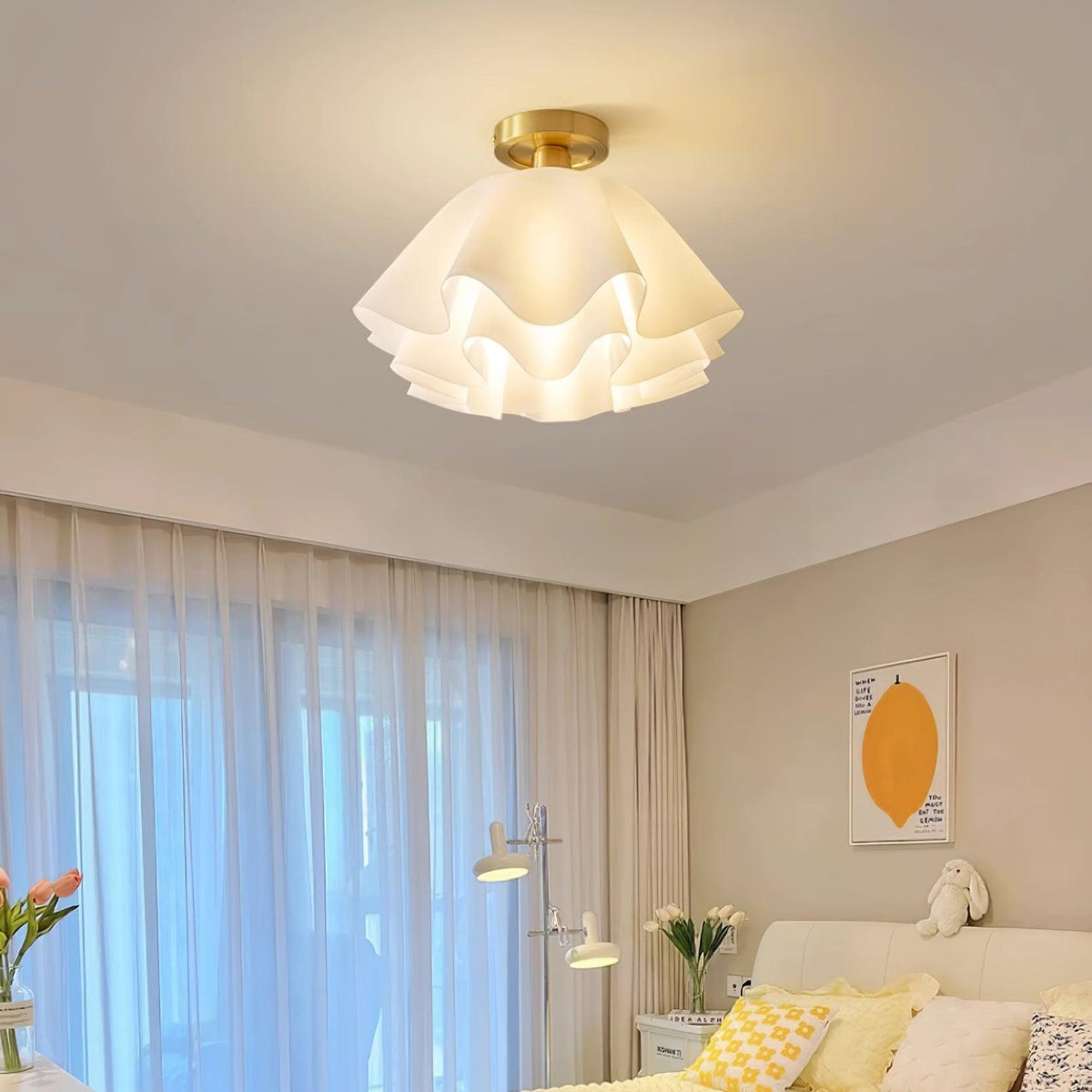 Plafondlamp met Gegolfde Kap - Wit en Goud, E27 Fitting