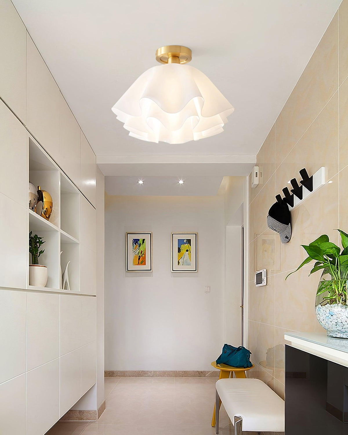 Plafondlamp met Gegolfde Kap - Wit en Goud, E27 Fitting