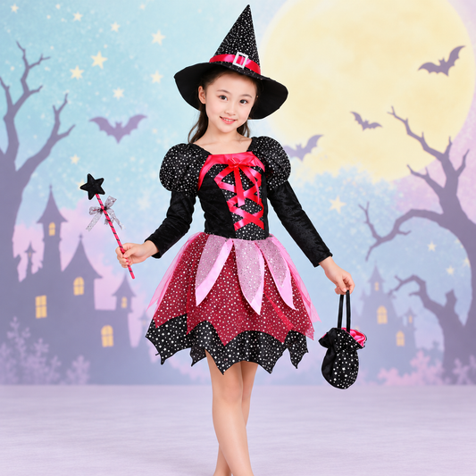 Disfraz de bruja para niña de 4 piezas - vestido, sombrero, varita y bolso