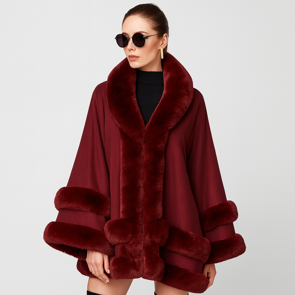 Dames Cape Jas met Faux Fur Trim en Shawlkraag