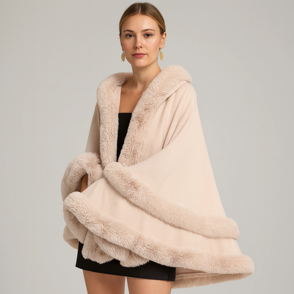 Dames Cape Jas met Faux Fur Trim en Shawlkraag