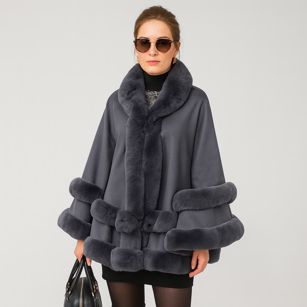 Dames Cape Jas met Faux Fur Trim en Shawlkraag