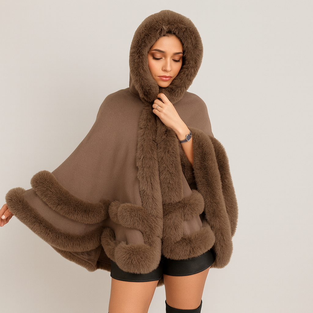Dames Cape Jas met Faux Fur Trim en Shawlkraag