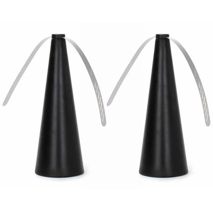 Two black cone-shaped objects with white strings on a white background
