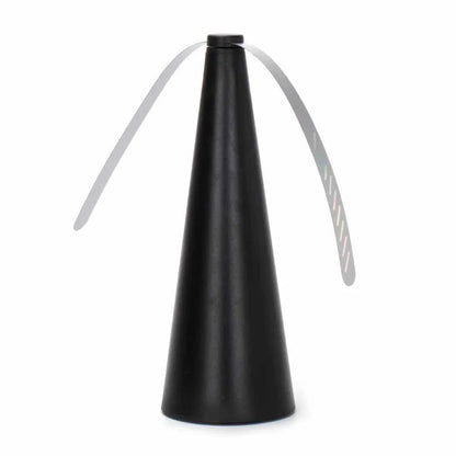 Black cone-shaped object with curved handles on a white background