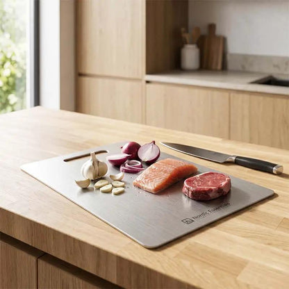 Premium Stainless Steel Chopping Board by Nordic Essentials on a kitchen island; silver, double-sided and knife-safe.