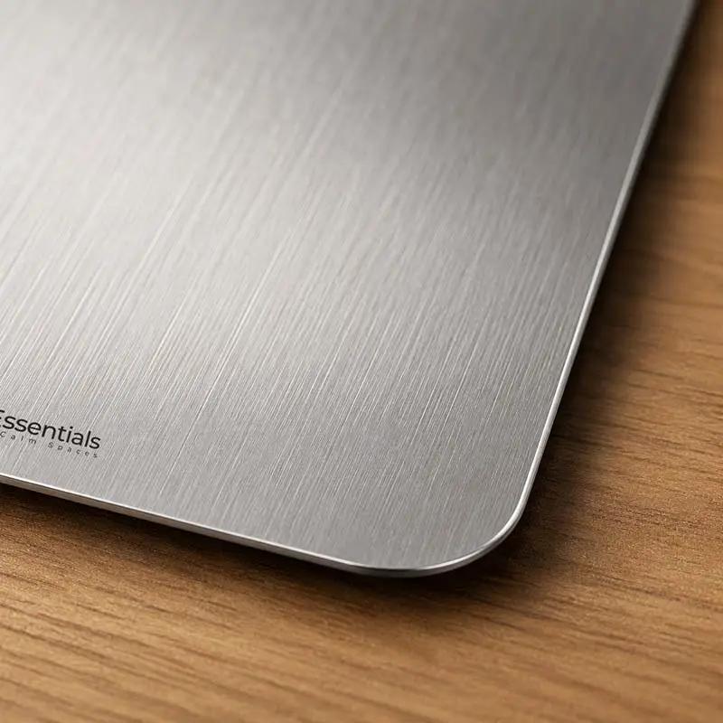 Premium stainless steel chopping board, double-sided, by Nordic Essentials with brushed finish on a wooden countertop.
