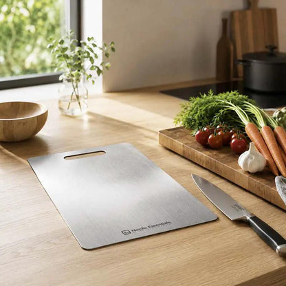 Premium Stainless Steel Chopping Board – double-sided, knife-safe, anti-bacterial; Nordic Essentials on kitchen counter.