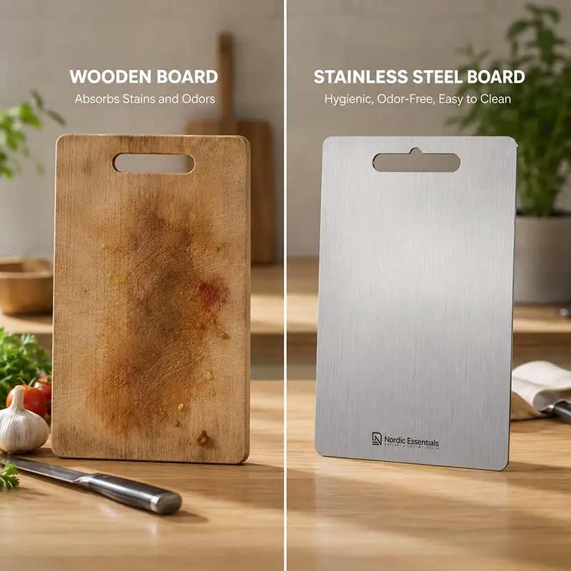 Premium Stainless Steel Chopping Board on a kitchen counter; two boards visible, Nordic Essentials and a wooden board.