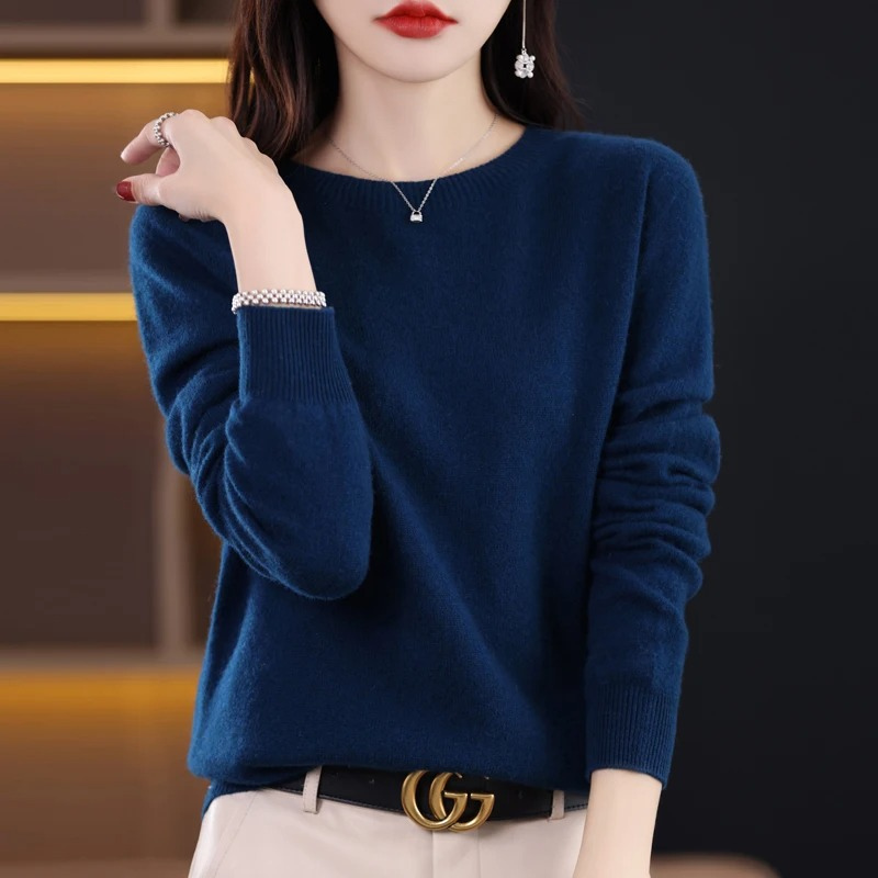 Dames Cashmere Trui met Ronde Hals - Geribbelde Pullover
