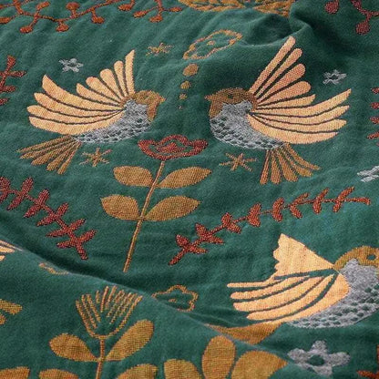 100% Cotton Reversible Throw Blanket, teal with gold and gray bird pattern.