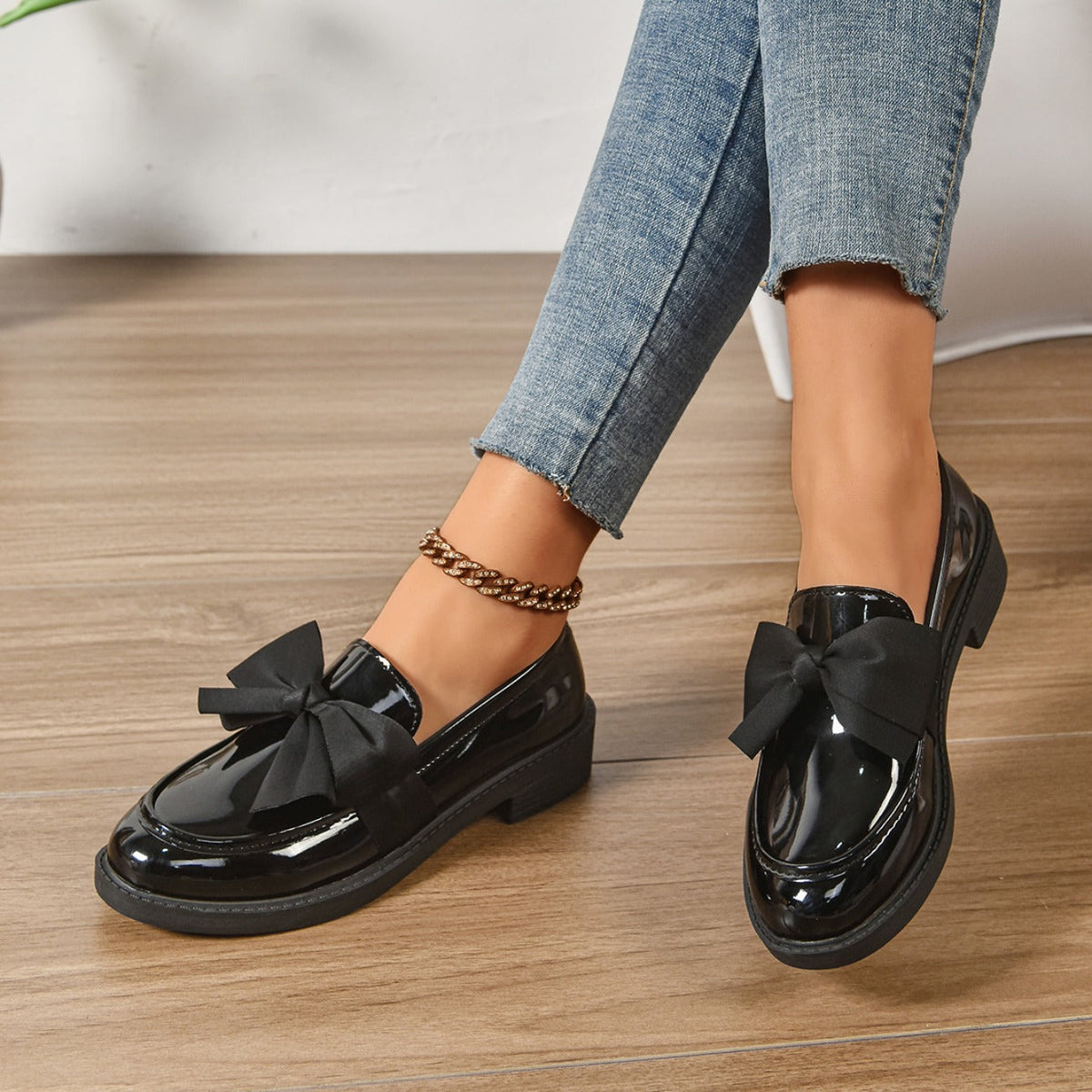 Dames Loafers Glanzend Leer met Strikdetail - Platform Instappers