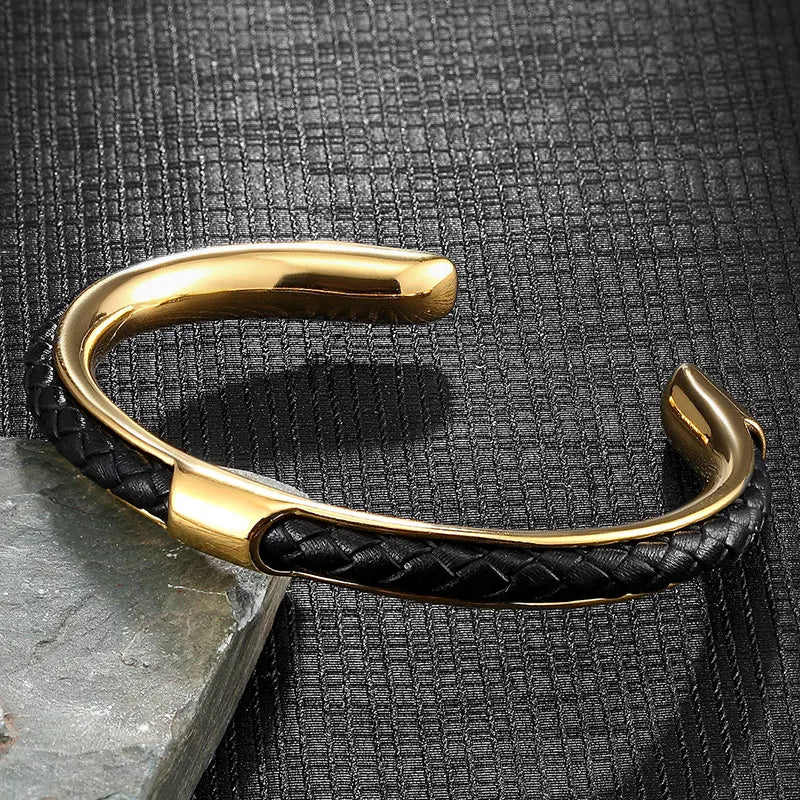 Heren Armband Leer en Roestvrij Staal – Gevlochten Manchet