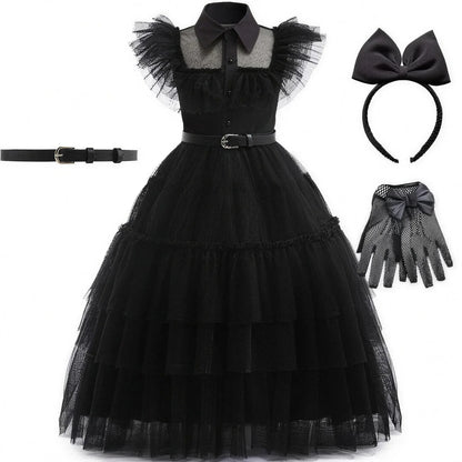 Wednesday Addams costume with signature bow headband and fishnet gloves bundle