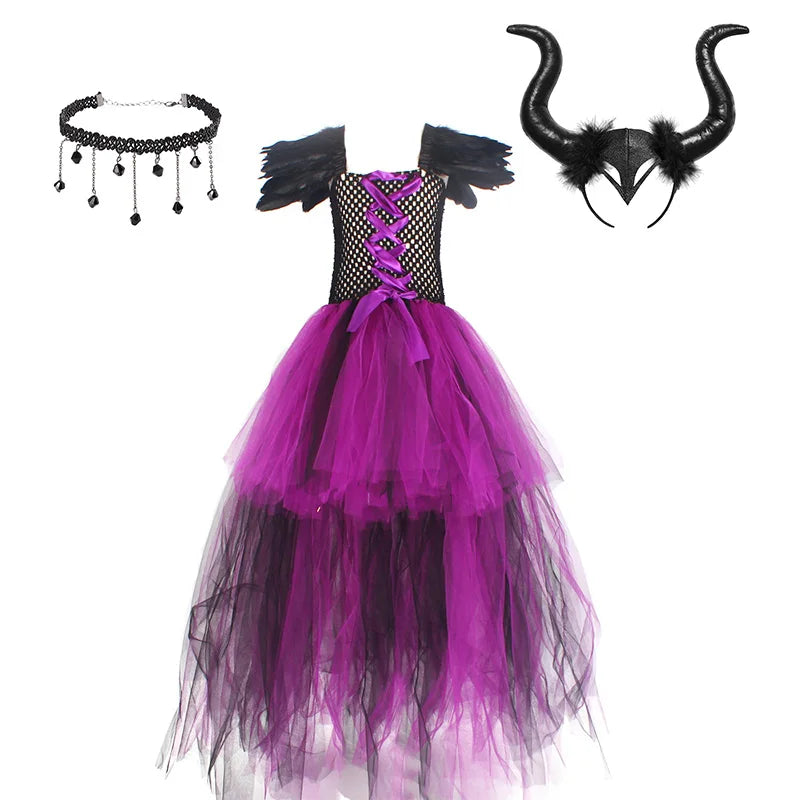 Dark fairy queen girls costume, dress with wings, horns and choker