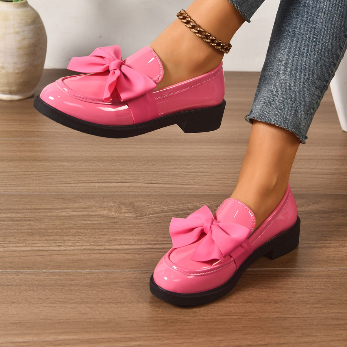 Dames Loafers Glanzend Leer met Strikdetail - Platform Instappers