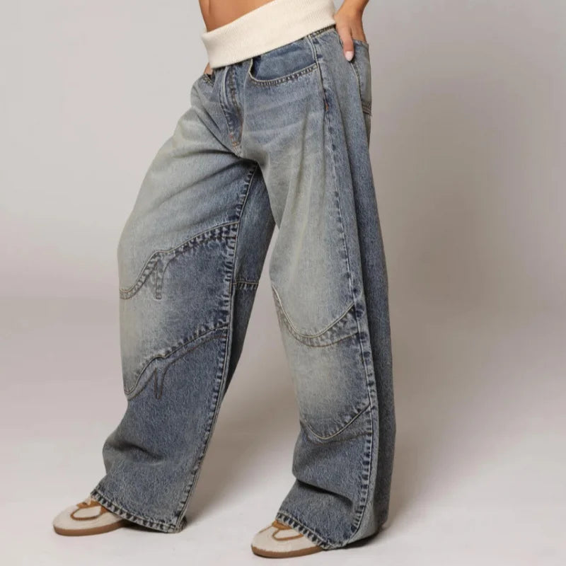 Dames Baggy Wide-Leg Jeans – Met Tailleband, Casual, Stretch Denim