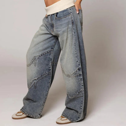 Dames Baggy Wide-Leg Jeans – Met Tailleband, Casual, Stretch Denim
