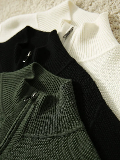 Women's wool zip-up cardigan by Christine Brewer, featuring a classic jean-style design in a cozy, stylish fit.