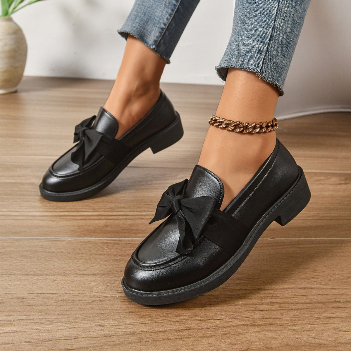 Dames Loafers Glanzend Leer met Strikdetail - Platform Instappers