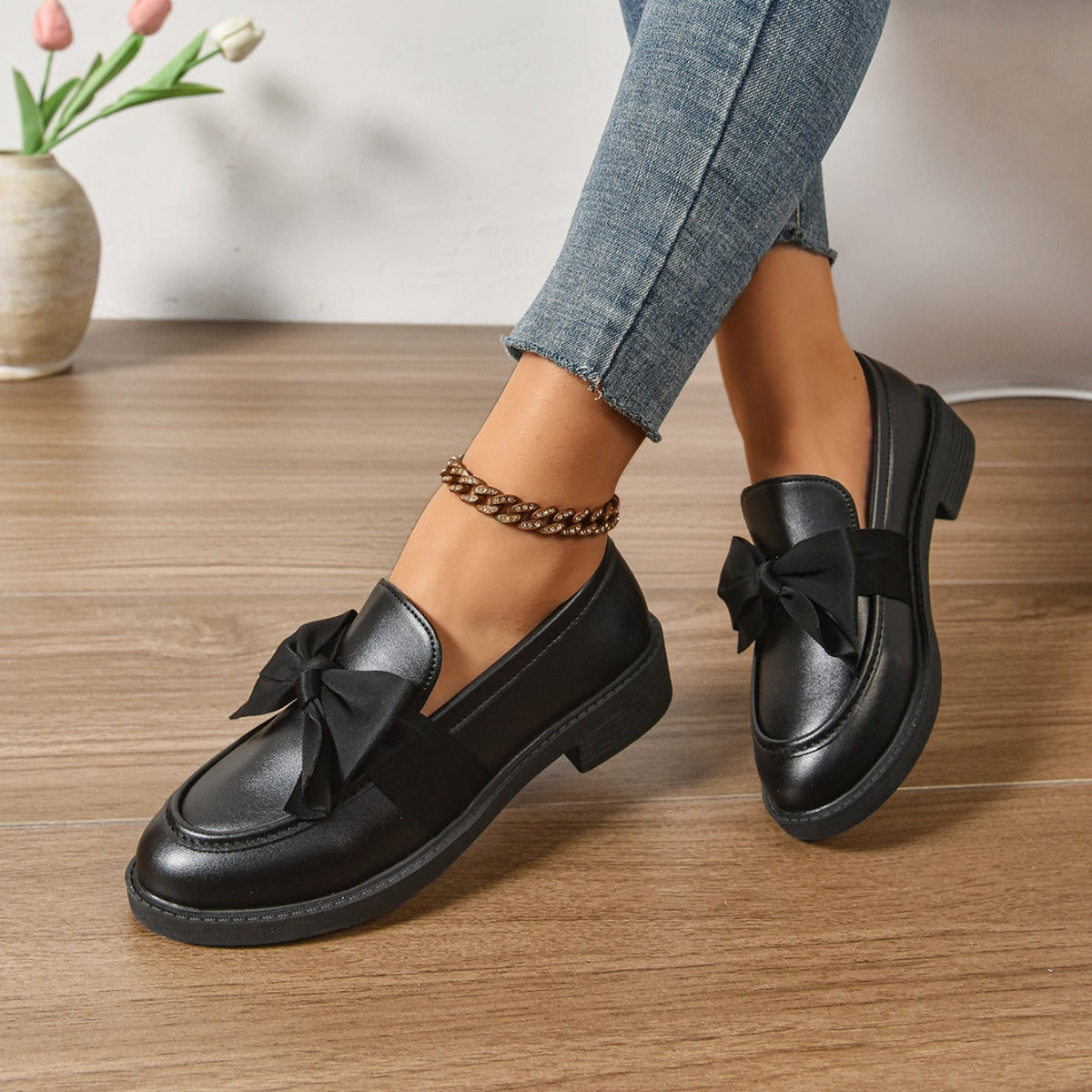 Dames Loafers Glanzend Leer met Strikdetail - Platform Instappers