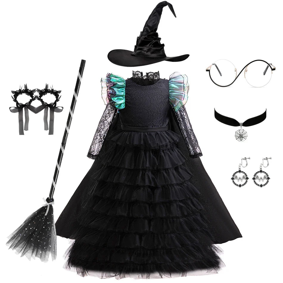 Girls emerald witch costume with hat, broom, glasses and jewellery bundle