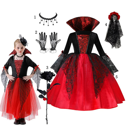 Girl wearing red and black vampire gothic dress with choker, gloves and veil