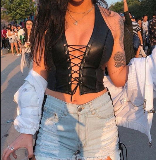 Ravienne - Sexy Faux Leather Lace-Up Crop Top