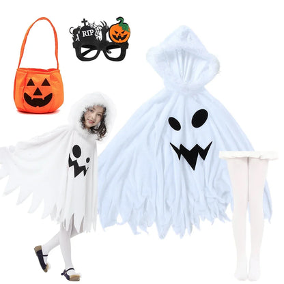 Ghost cape costume full set with glasses, tights, and pumpkin treat bag