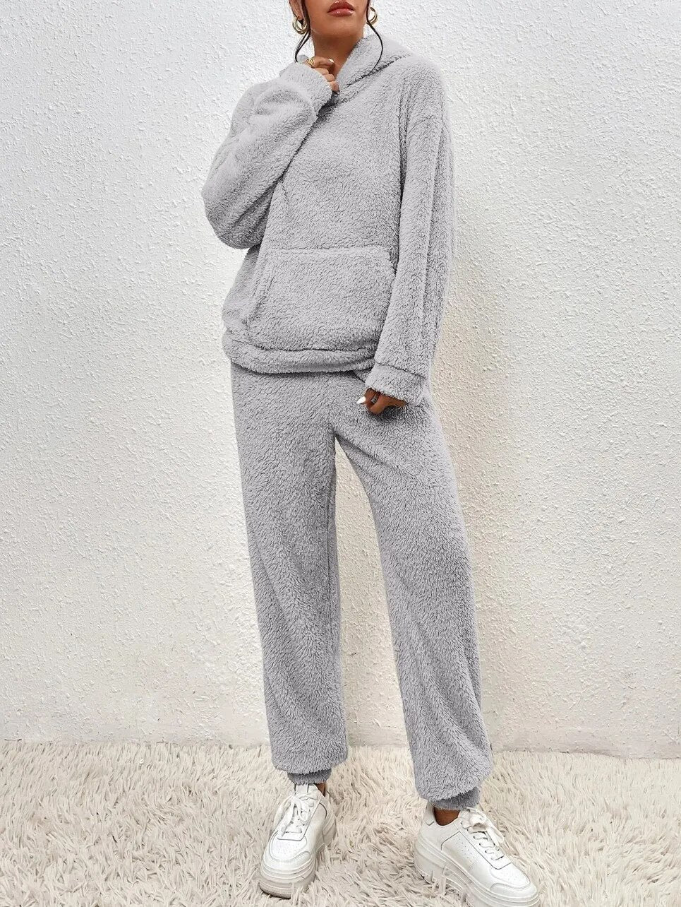 Dames Teddy Fleece Huispak met Capuchon – 2-delige Loungewear Set voor Winter en Herfst