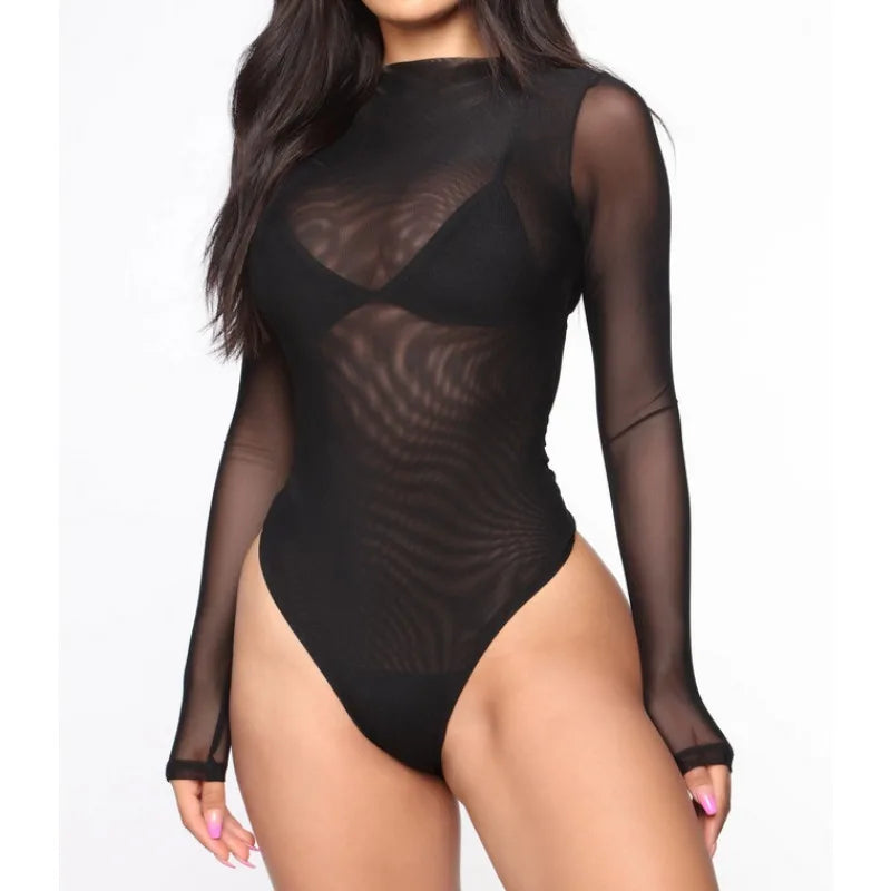 Dames Mesh Body met Lange Mouwen - Transparante Bodysuit met Col