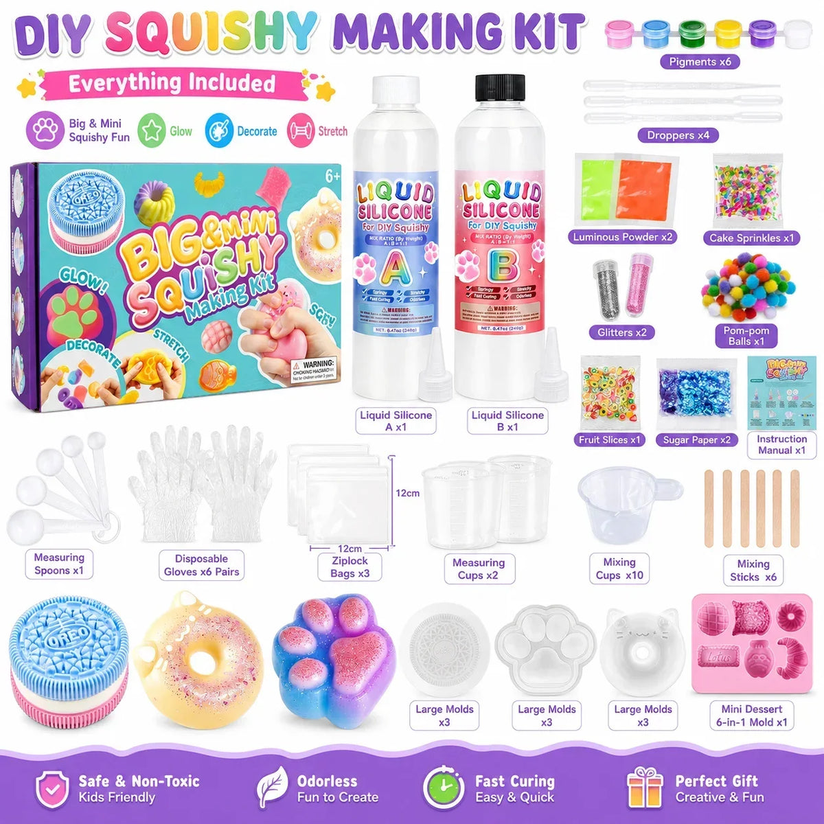 Infographic overview of the DIY squishy making kit: box, silicone bottles and example finished squishies