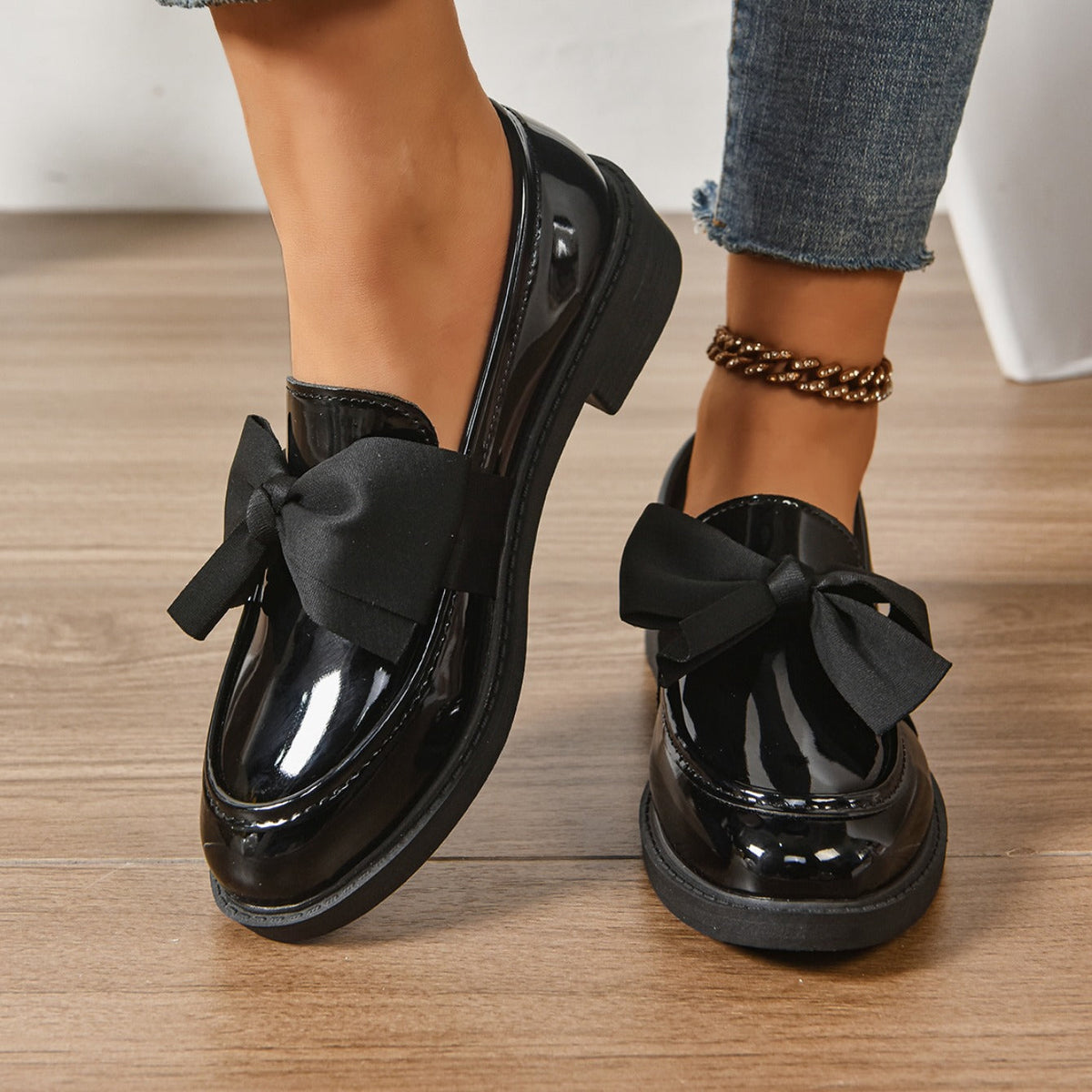 Dames Loafers Glanzend Leer met Strikdetail - Platform Instappers