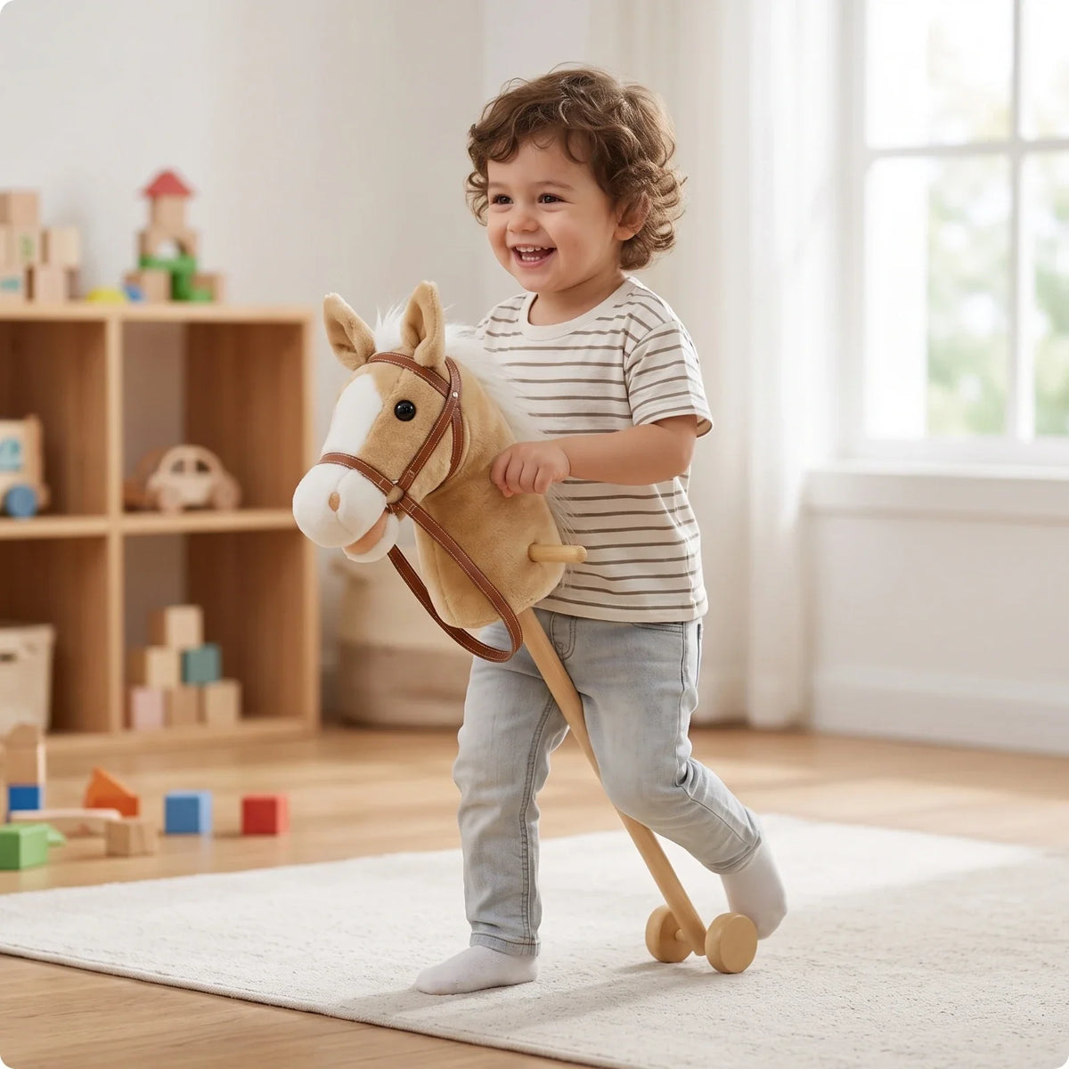 Toddler pushing a light brown plush stick horse toy on wooden wheels